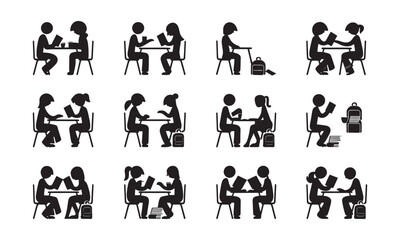 Set of Vector Silhouettes of Students Studying and Collaborating in Pairs at Desks