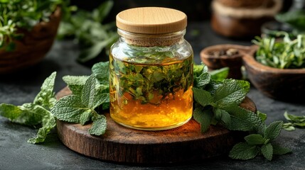 Herbal infused oil in jar, kitchen, dark background, recipe
