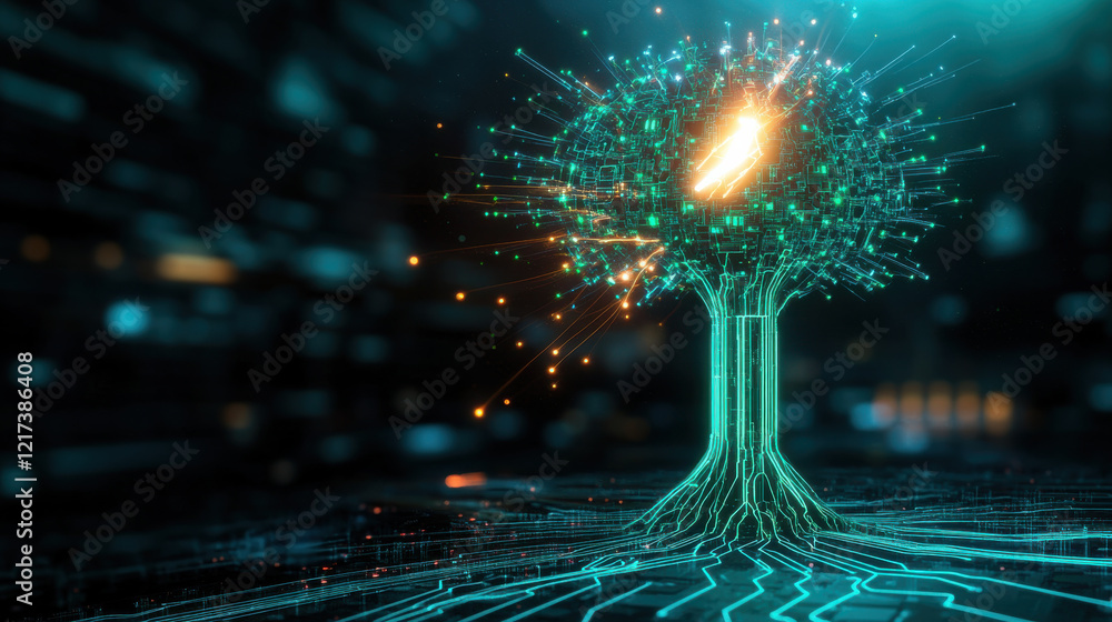 Poster glowing ai powered tree made of interconnected circuits symbolizes technology and nature. this digit
