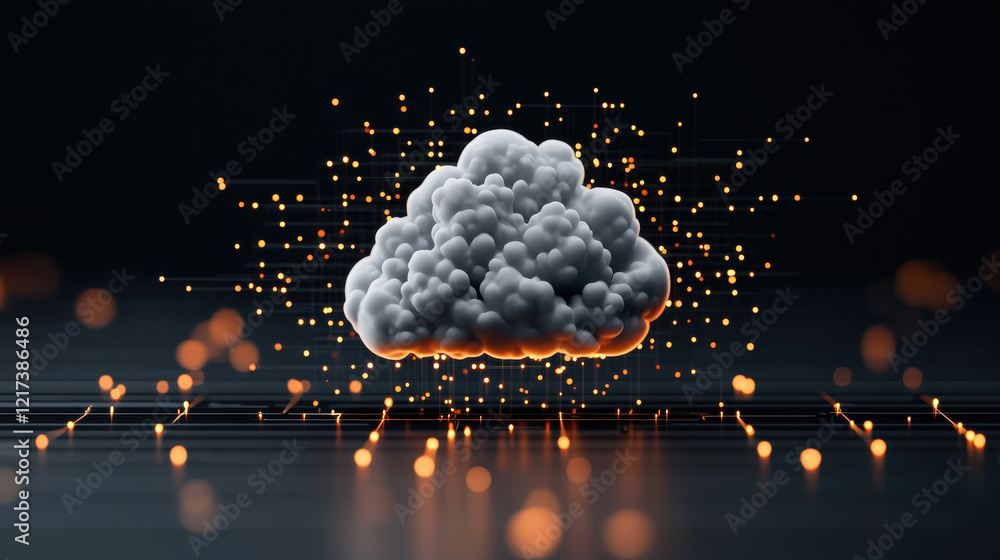 Poster glowing cloud hologram surrounded by luminous particles creates captivating visual effect, blending 