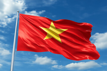 Naklejka premium Vietnamese National Flag Waving Against a Clear Blue Sky