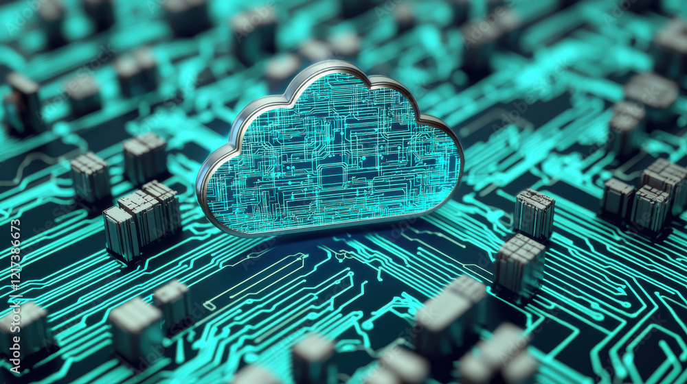 Poster glowing cloud shaped ai brain sits atop circuit board, symbolizing technology and innovation. intric