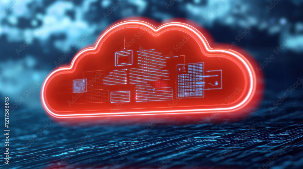 Poster glowing cloud shaped hologram with interconnected data visuals, symbolizing digital technology and c