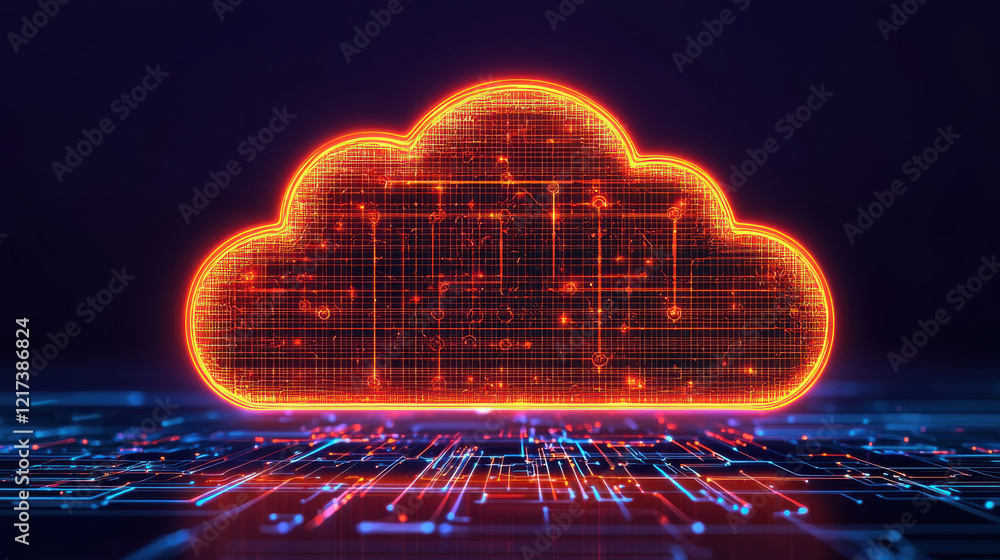 Aufkleber glowing cloud shaped hologram with interconnected circuits, symbolizing digital technology and data 