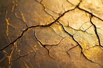 Fototapeta premium Golden cracked earth texture in sunlight highlighting surface patterns