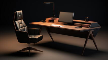 Fototapeta premium Modern minimalist wooden desk design featuring a stylish ergonomic chair, sleek monitor setup, and ambient lighting in a dark studio environment