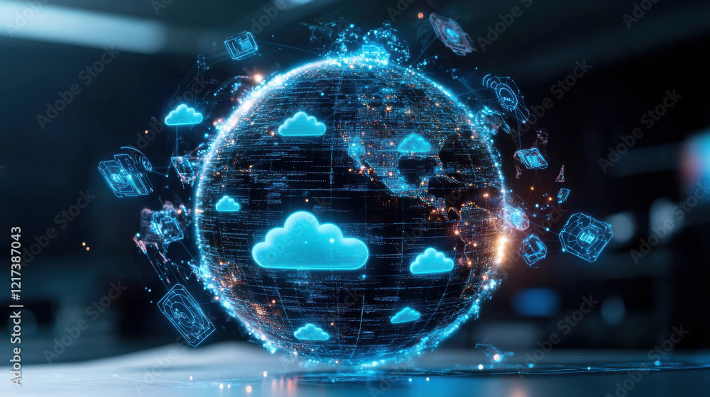 Poster glowing globe with cloud icons and digital nodes represents global connectivity and technology. this