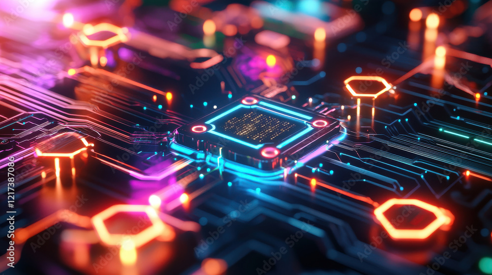 Poster vibrant circuit board with glowing components and intricate patterns, showcasing technology and inno