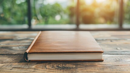 elegant leather-bound book on rustic wooden table with natural light
