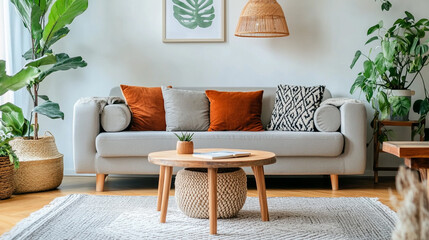 Domestic and cozy interior of living room with mock up poster frame, Light blue sofa against a light gray wall in a living room interior with decorative plants and side tables, 