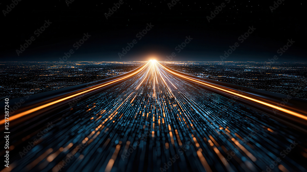 Poster glowing network grid stretching infinitely into distance, illuminated by bright light at horizon, cr