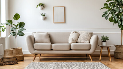 Obraz premium Grey Sofa Shelving Units Houseplants And Beautiful Elegant and comfortable designed beige living room with a big sofa