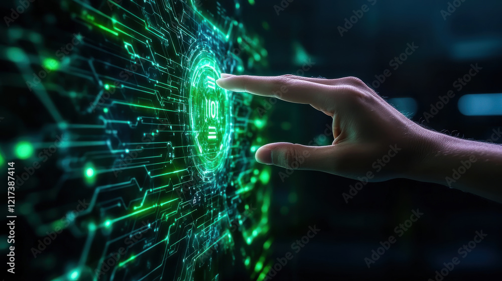 Poster hand reaching out to touch glowing holographic interface with digital circuits. scene conveys sense 