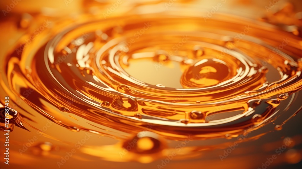 Poster close-up view of swirling golden liquid with bubbles creating a hypnotic pattern in motion, perfect 