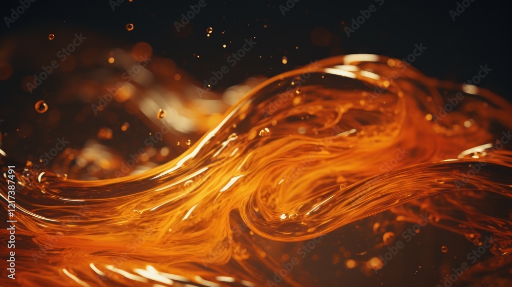 Poster liquid in orange color with droplets and bubbles creating a dynamic and eye-catching visual effect