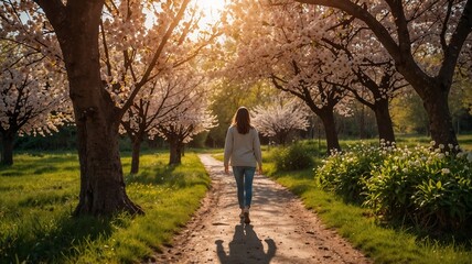 Fototapeta premium Young woman walking on a path under blooming cherry trees during sunset