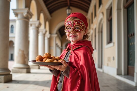 Young Venetian child in a vibrant half-mask and flowing satin cape joyfully presenting fritole under the arches of the Doge's Palace, enchanting carnival spirit.