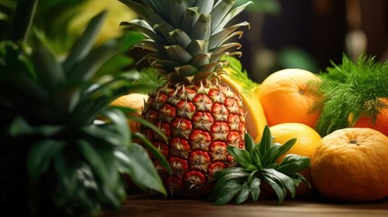 Fototapeta premium Display of Tropical Fruits Featuring a Fresh Pineapple Surrounded by Juicy Oranges and Lush Greenery in a Rustic Setting