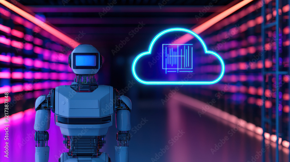 Poster robotic figure stands in futuristic data center, illuminated by vibrant neon lights, with holographi