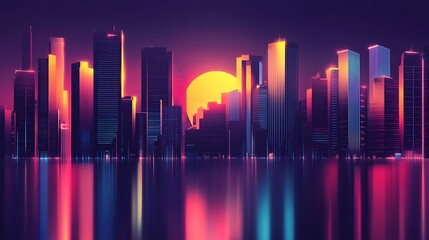 Fototapeta premium A vibrant city skyline at sunset, reflecting colorful lights on water.
