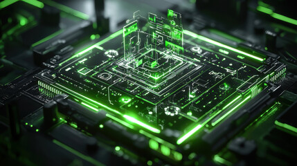 Fototapeta premium futuristic holographic interface showcasing seamless integration of technology with vibrant green accents, representing advanced digital systems and circuits