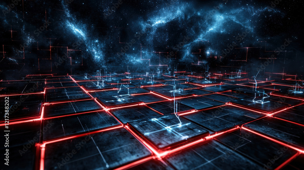 Poster luminous grid of interconnected nodes in cosmic space, showcasing futuristic digital landscape with 