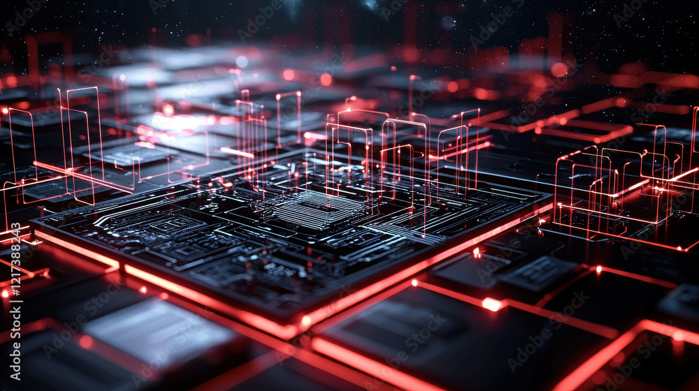 Poster luminous grid of interconnected nodes on circuit board, showcasing advanced technology and digital n