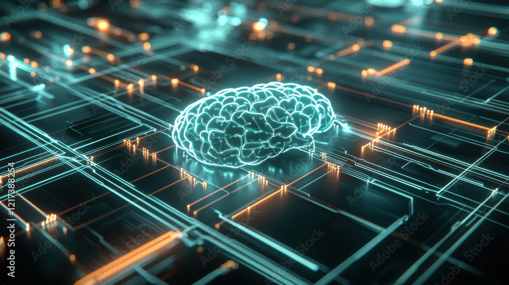 Poster network of glowing ai neurons forms digital brain, showcasing advanced technology and connectivity. 