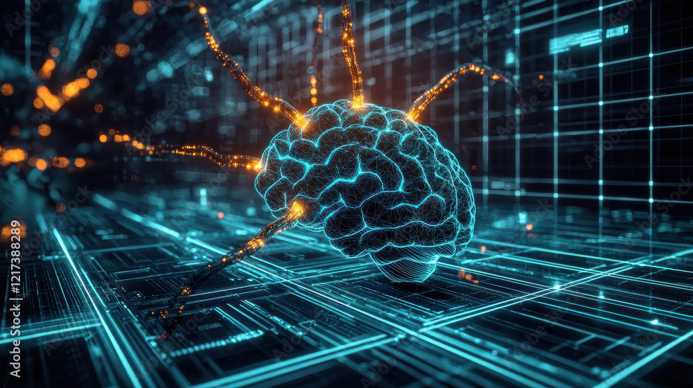Poster digital brain with glowing neurons and spider like connections, representing advanced technology and
