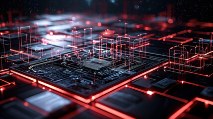 luminous grid of interconnected nodes on circuit board, showcasing advanced technology and digital networks. vibrant red and black colors create futuristic atmosphere