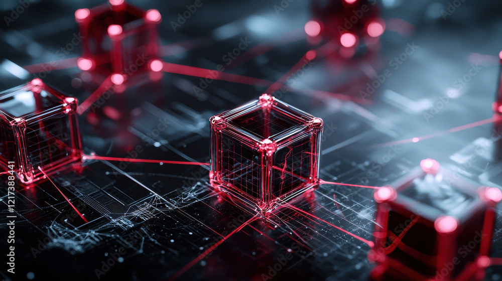 Poster network of glowing red cubes interconnected by lines, symbolizing digital integration and technology
