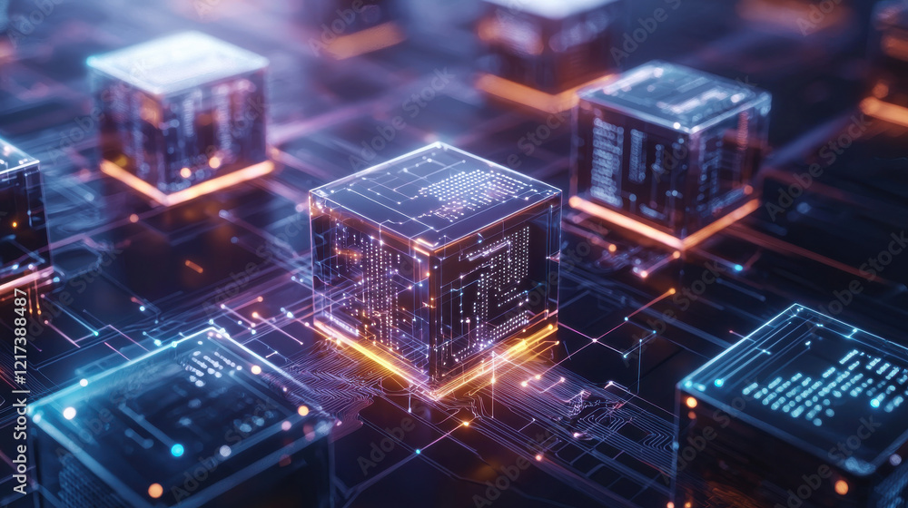 Poster network of glowing cubes representing cloud integration and digital technology, showcasing intricate