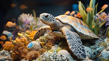 Obraz premium Playful 3D Sea Turtle Exploring Vibrant Coral Reef with Tropical Fish