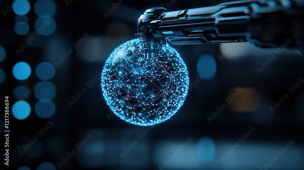 Poster robotic arm projecting holographic globe with interconnected nodes, showcasing advanced technology a