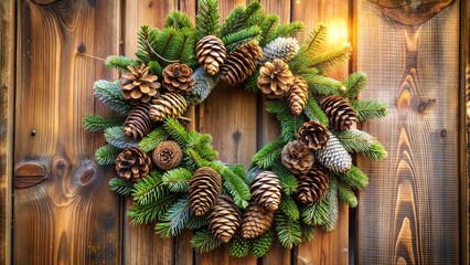 Beautiful Christmas wreath made of pinecones and evergreen on a wooden background
