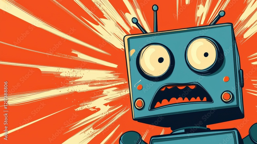 Aufkleber retro robot with expressive face on vibrant background, evoking emotion and nostalgia in a playful s