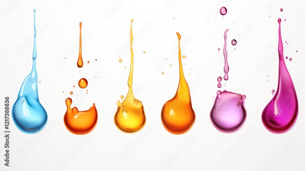 Poster colorful drops of paint displayed on a white background, each drop showcasing a unique shade and sha
