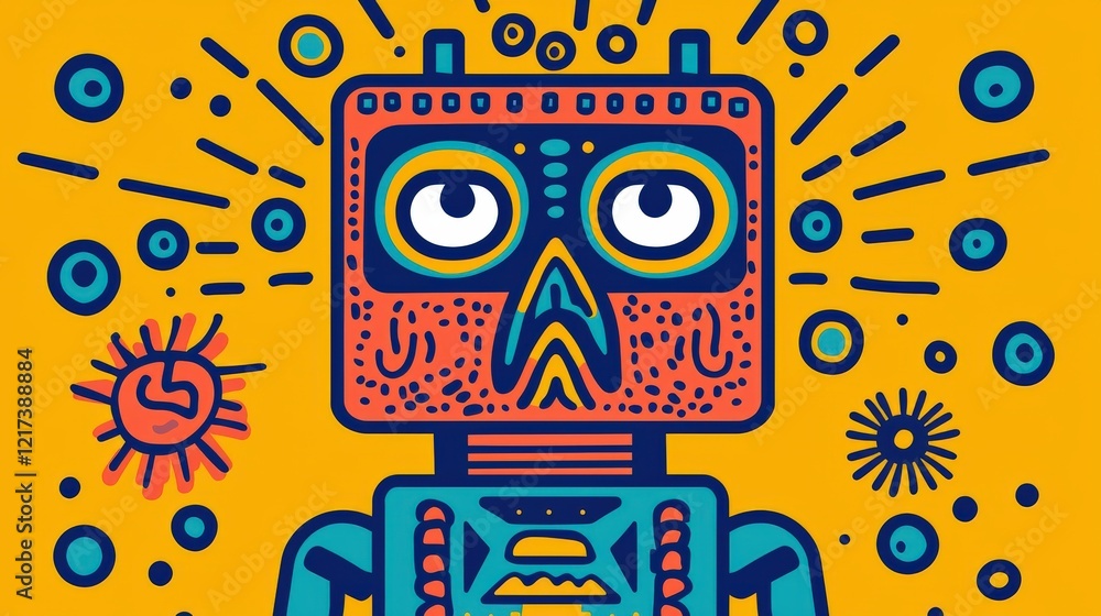 Aufkleber colorful retro robot illustration with unique patterns and vibrant background elements for creative 