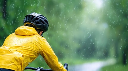 Person riding a bicycle in the rain wearing water-resistant cycling gear outdoors