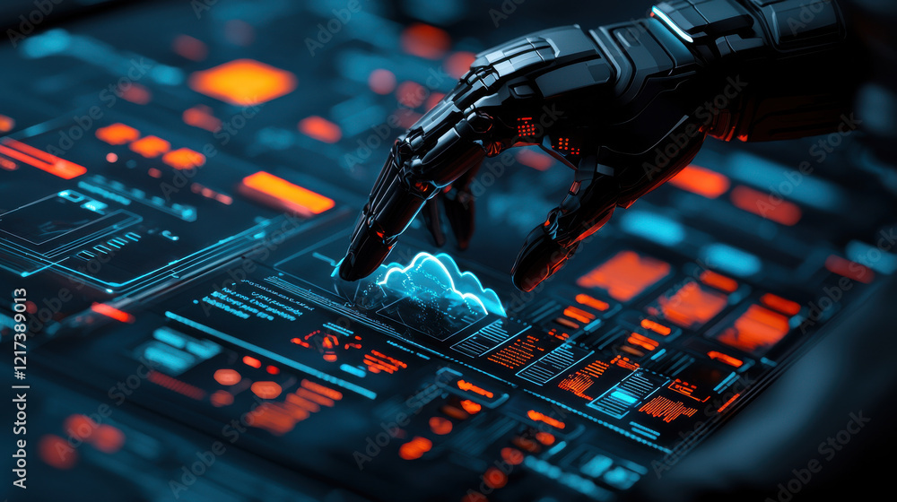 Poster robotic hand interacting with holographic cloud interface, showcasing advanced technology and data m