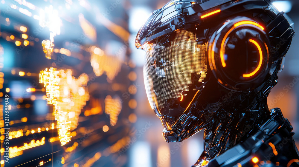 Poster robotic figure with holographic network map, showcasing advanced technology and digital interfaces. 