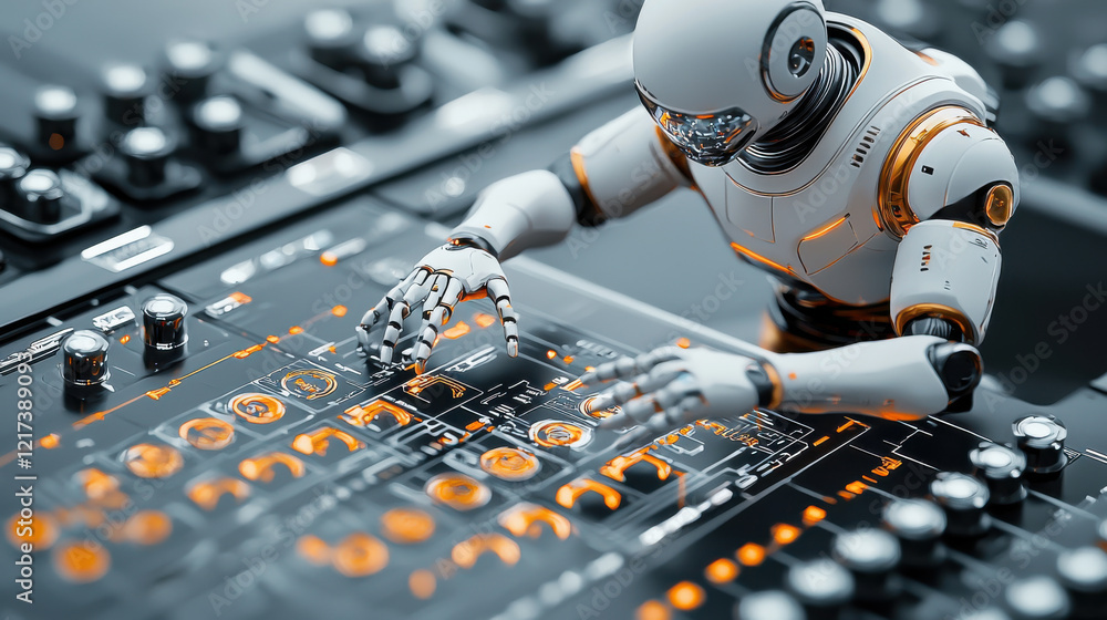 Poster robotic figure interacting with futuristic control panel, showcasing advanced technology and hologra