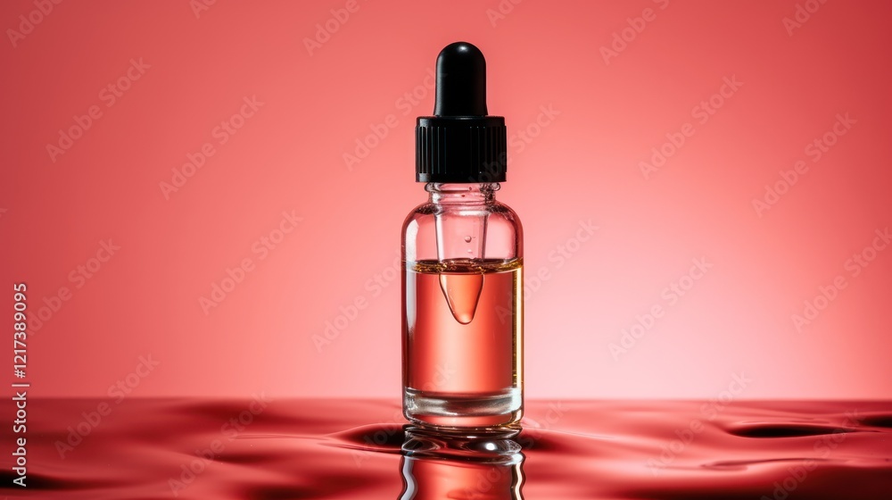Poster glass dropper bottle containing aromatic oil placed on a reflective surface with a smooth gradient r