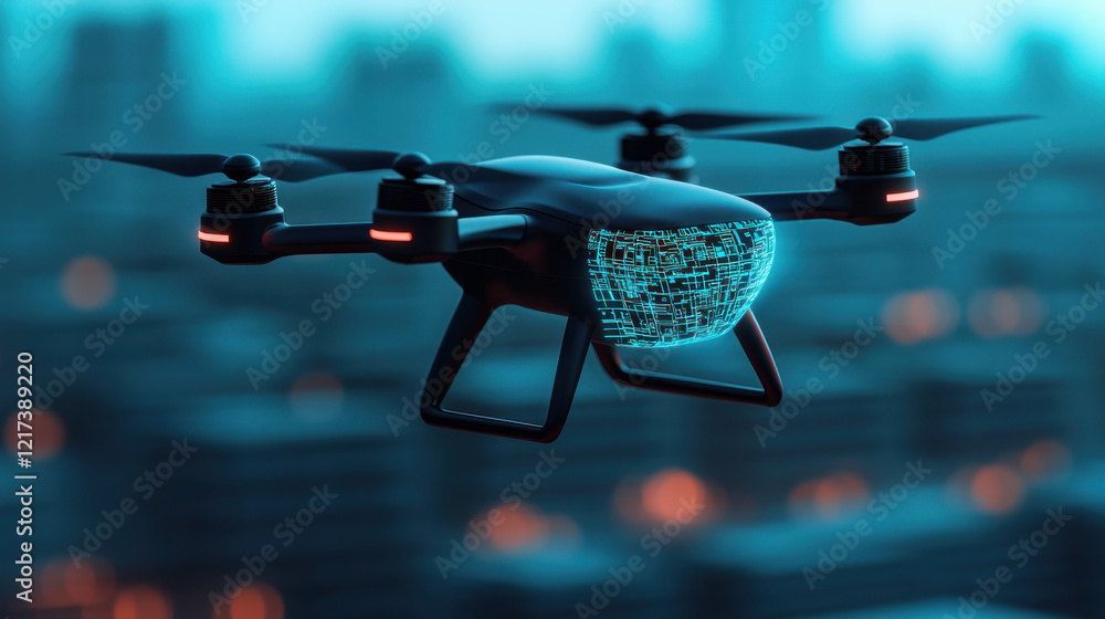 Poster sleek ai powered drone hovering above futuristic cityscape, showcasing advanced technology and innov