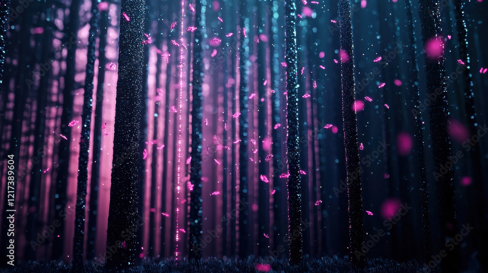 Poster surreal digital forest with glowing data elements, featuring tall trees and vibrant pink particles f