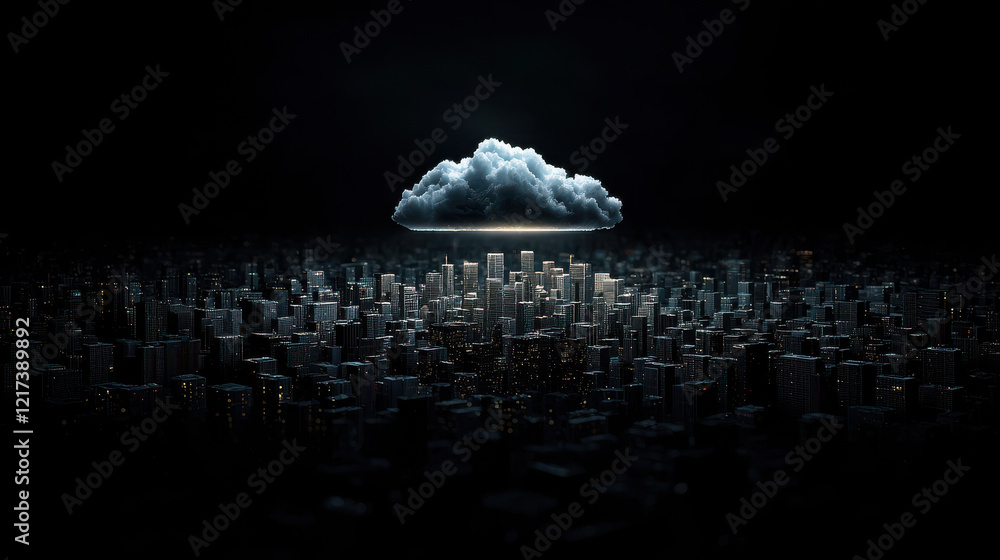 Aufkleber surreal depiction of glowing cloud floating above dark cityscape, creating mysterious and captivatin