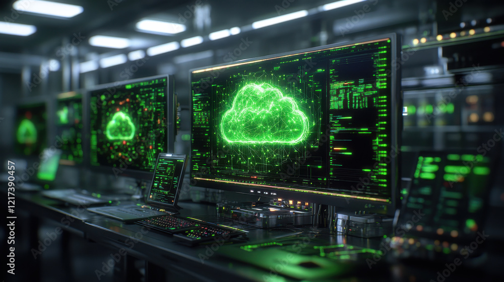 Poster high tech lab featuring multiple screens displaying holographic cloud network in vibrant green. atmo