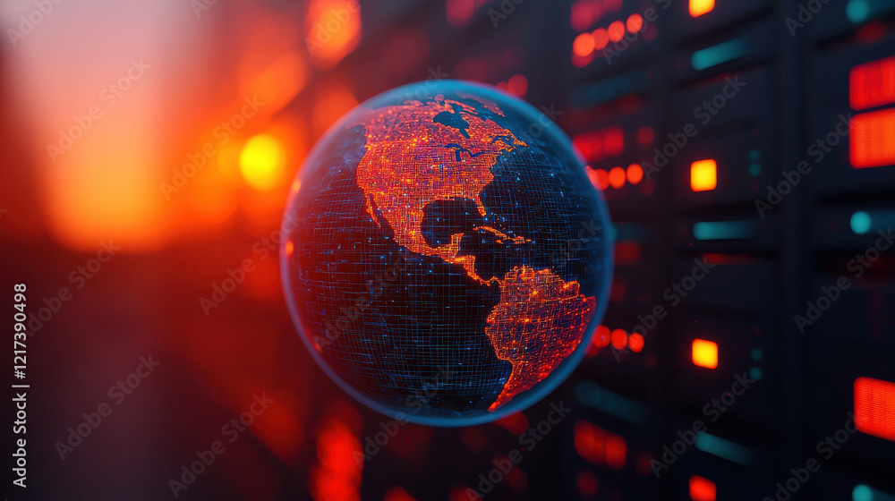 Aufkleber translucent 3d hologram of earth is displayed against backdrop of glowing server racks, creating fut