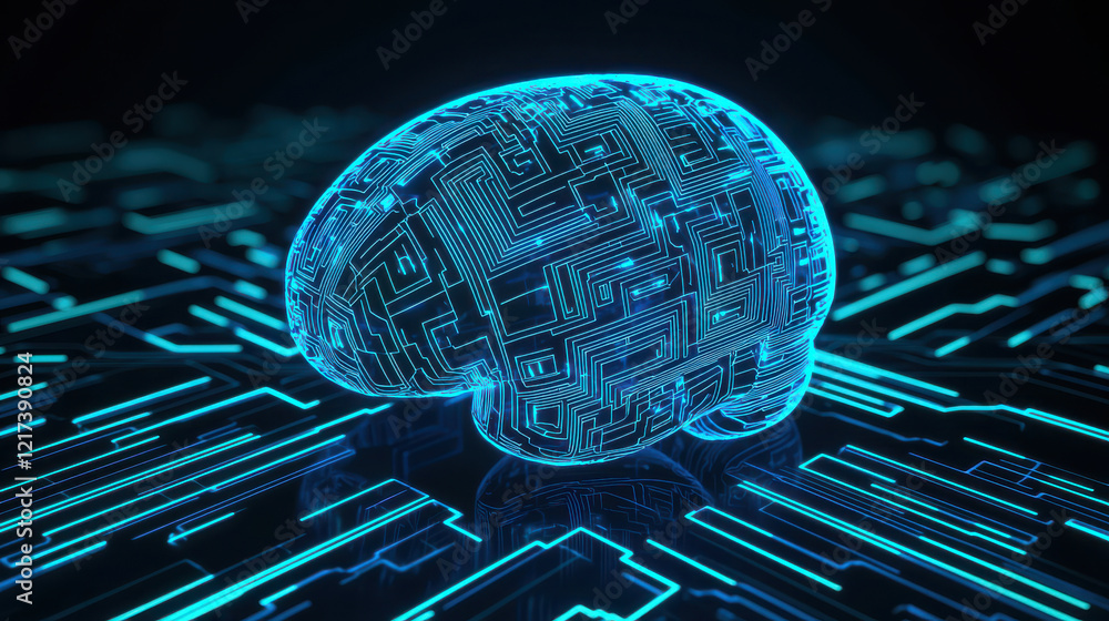 Poster glowing blue brain with circuit patterns, symbolizing artificial intelligence and technology. intric