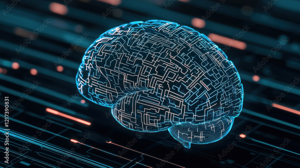 Aufkleber glowing brain with circuit patterns, symbolizing artificial intelligence and technology. intricate d